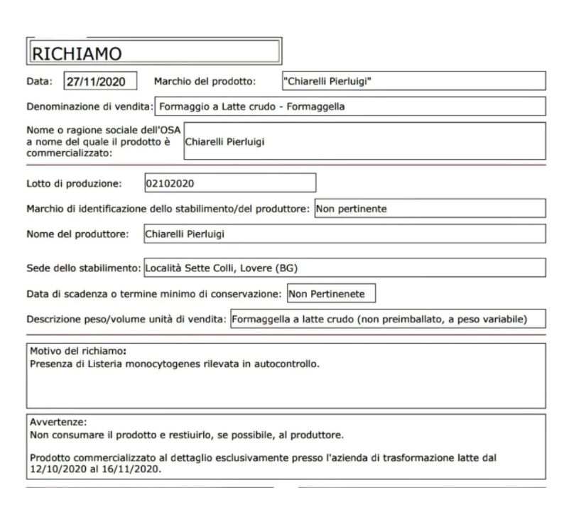 richiamo ministero della salute formaggio listeria