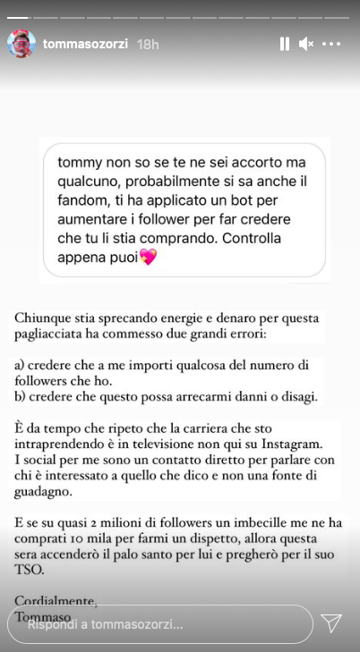 tommaso zorzi sfogo social
