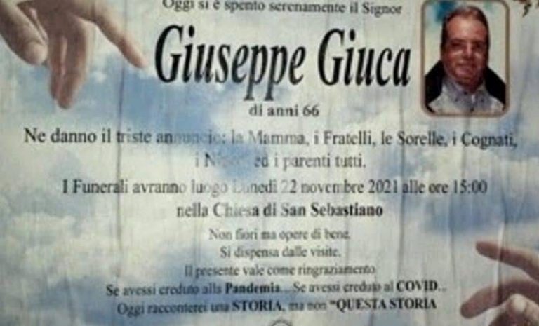 Il manifesto funebre di Giuca con il necrologio
