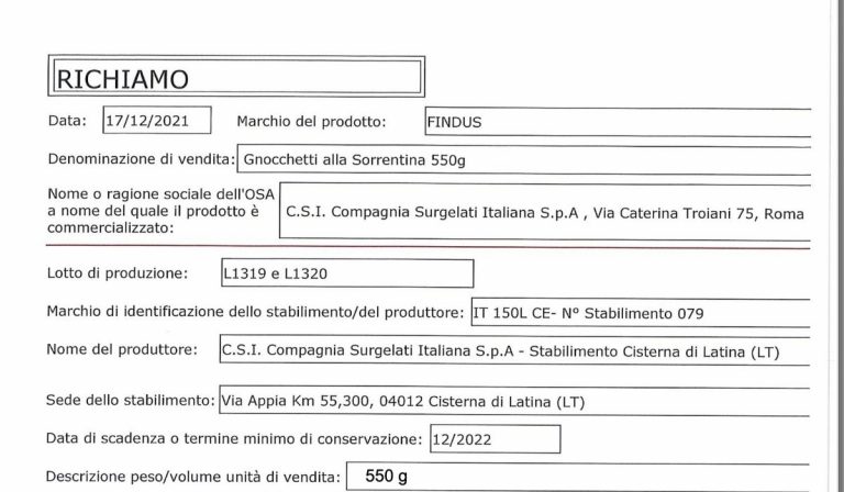 Ministero ritiro gnocchetti Findus