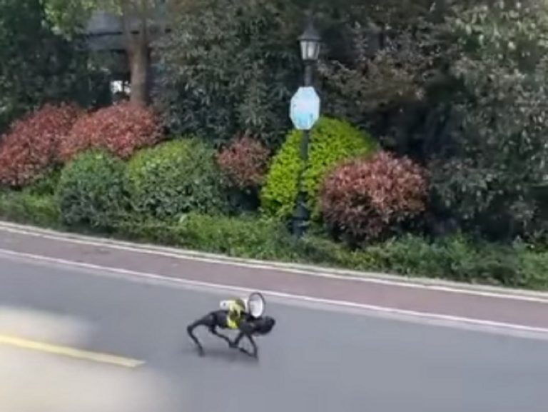 Un cane robot con megafono nelle vie di Shangai