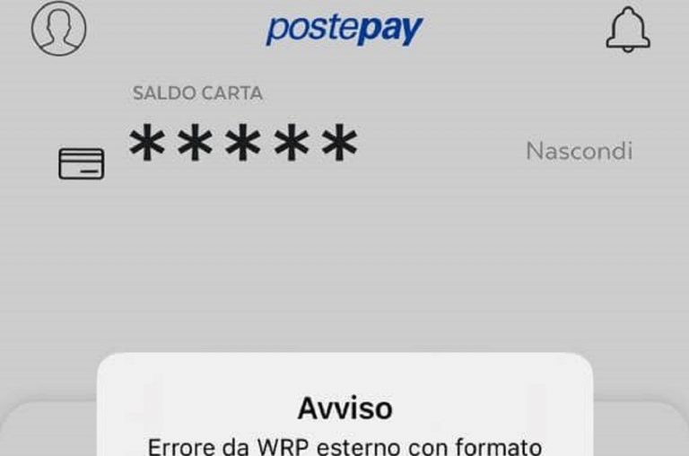 Il messaggio di errore che appare dopo il tentato login sulla app di Postepay