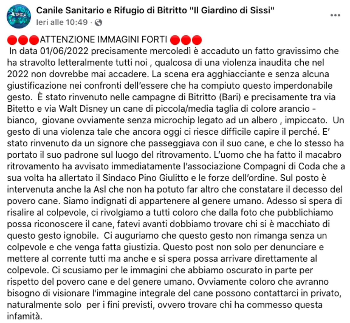 Il post di denuncia sulla pagina Il Giardino di Sissi