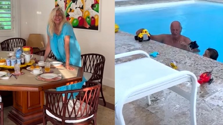 Mara Venier nella villa e il marito Nicola in piscina con il nipotino