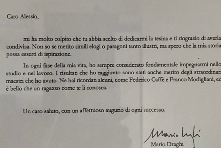 La lettera di risposta di Draghi ad Alessio
