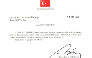 Il Decreto con firma di Erdogan sul lutto nazionale