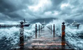 Immagine del maltempo nel golfo di Napoli con traghetti fermi