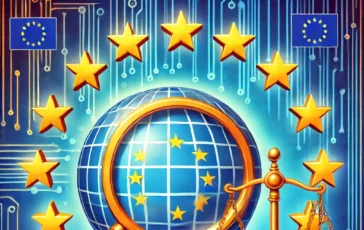 DALL·E 2025 01 17 11.33.45 A symbolic illustration of a generic search engine represented as a magnifying glass and a globe clashing with European Union symbols like a circle o 364x230