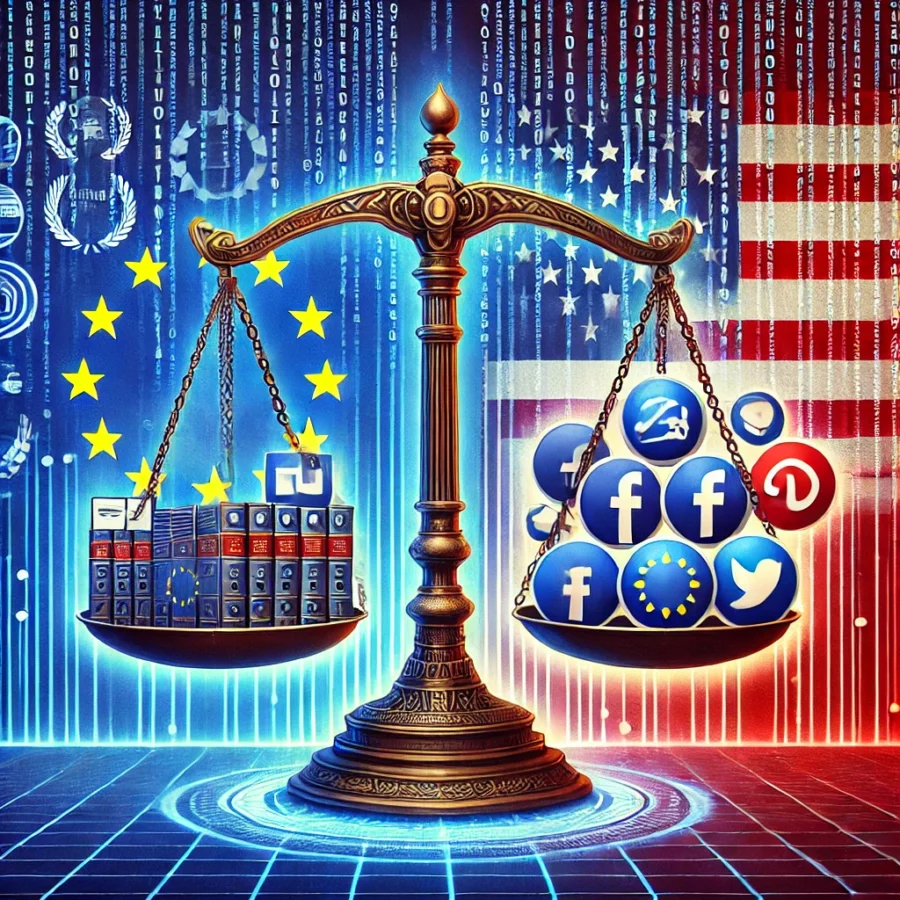 DALL·E 2025 03 10 11.32.09 A visually striking digital illustration representing the clash between the European Union and the United States over digital regulations. The image f 900x900