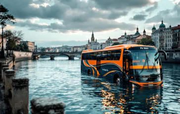 Pullman turistico in difficoltà nel fiume Po a Torino