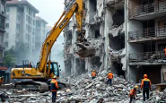Operai al lavoro per rimuovere macerie a Bari