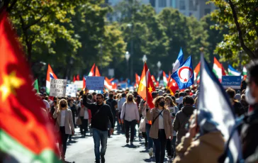Manifestazione antifascista con bandiere e cartelli