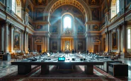 Immagine del Conclave nell'era digitale con simboli di sicurezza